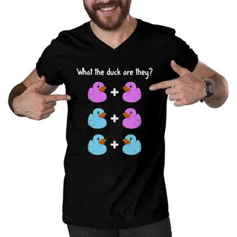 Funny Twin Gender Reveal Gift For Dad Mom Cool What The Duck Men V-Neck Tshirt | Mazezy