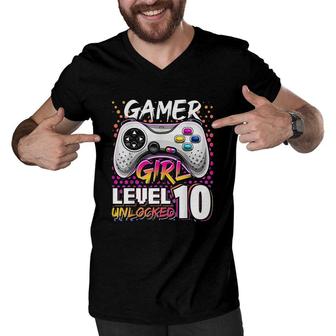 Gamer Girl Level 10 Unlocked Video Game Birthday Gift Girls Cute Men V-Neck Tshirt - Seseable