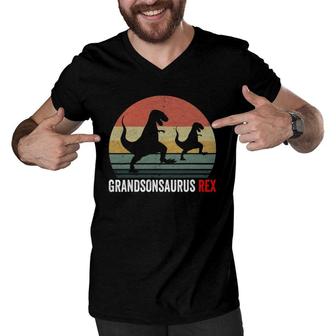 Grandsonsaurus Rex Dinosaur Father's Day For Boy Son Men V-Neck Tshirt | Mazezy