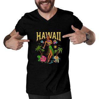 Hawaii Aloha Beach Tiki Retro Vintage Pinup Hula Girl Men V-Neck Tshirt - Seseable