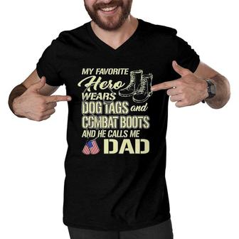 Hero Wears Dog Tags Combat Boots Proud Army Dad Father Gift Men V-Neck Tshirt | Mazezy