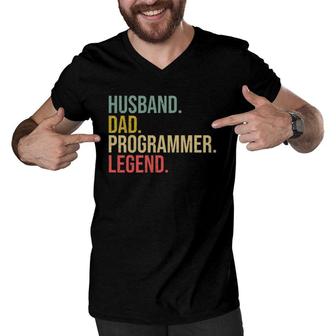 Husband Dad Programmer Legend Fathers Day Programming Men V-Neck Tshirt | Mazezy
