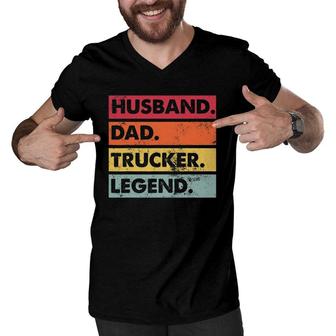 Husband Dad Trucker Legend Funny Truck Driver Trucking Gift Men V-Neck Tshirt | Mazezy