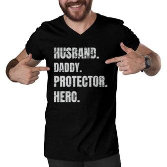 Husband Daddy Protector Hero Father's Day For Dad Men V-Neck Tshirt | Mazezy