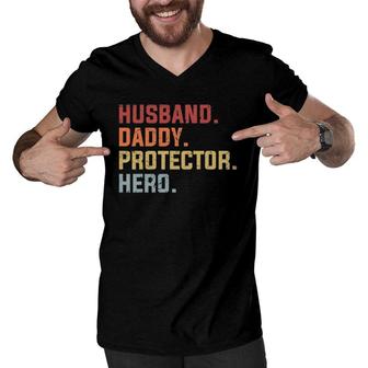 Husband Daddy Protector Hero Father's Day Gift Men V-Neck Tshirt | Mazezy