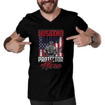 Husband Daddy Protector Hero Veterans Day Men V-Neck Tshirt | Mazezy