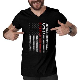 Husband Father Firefighter Thin Red Line American Flag Men V-Neck Tshirt | Mazezy