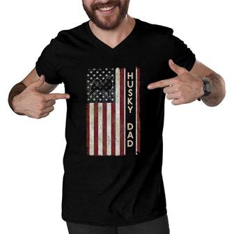 Husky Dad Dog American Flag Father's Day Gift Men Men V-Neck Tshirt | Mazezy