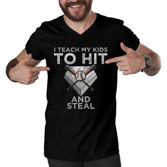 I Teach My Kids To Hit And Steal Baseball Dad Tee - Coach Men V-Neck Tshirt | Mazezy