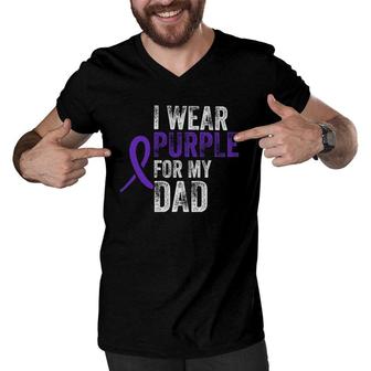 I Wear Purple For Dad Distressed Pancreatic Cancer Awareness Men V-Neck Tshirt | Mazezy