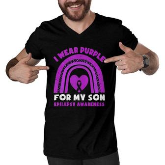 I Wear Purple For My Son Epilepsy Awareness Rainbow Dad Mom Men V-Neck Tshirt | Mazezy