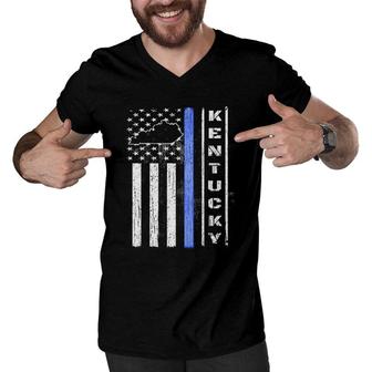 Kentucky Thin Blue Line Police Flag Cop Gifts Men Dad Men V-Neck Tshirt | Mazezy
