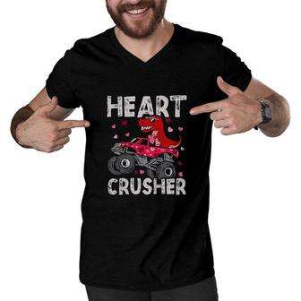 Kids Dinosaur Monster Truck Rex Valentines Hearts Toddlers Kids Men V-Neck Tshirt - Seseable