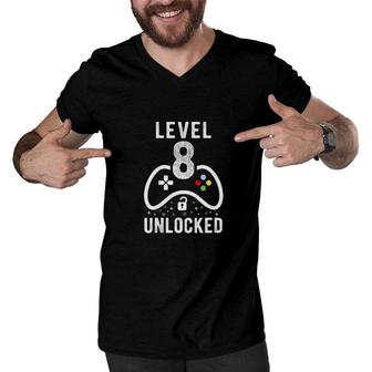 Kids Level 8 Unlocked Video Game 8th Birthday Gift Men V-Neck Tshirt - Seseable