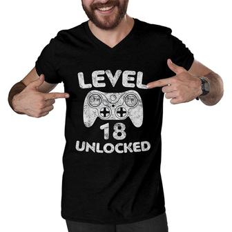 Level 18 Unlocked 18th Video Gamer Birthday Gift White Men V-Neck Tshirt - Seseable