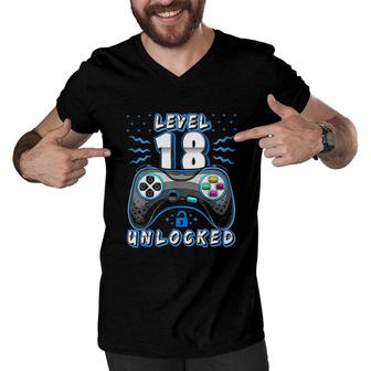 Level 18 Unlocked Video Game 18th Birthday Gamer Boys Blue Art Men V-Neck Tshirt - Seseable
