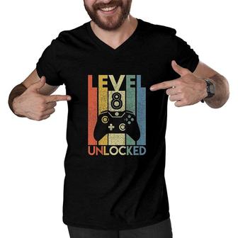 Level 8 Unlocked Funny Video Gamer 8th Birthday Gift Men V-Neck Tshirt - Seseable
