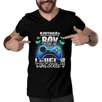Level 8 Unlocked Video Game 8th Birthday Gamer Gift Boys Electronic Men V-Neck Tshirt - Seseable