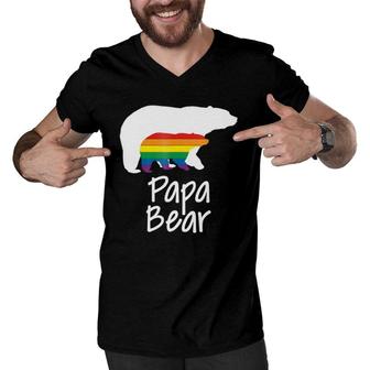 Lgbt Dad Papa Bear Mothers Gay Lesbian Pride Rainbow Men V-Neck Tshirt | Mazezy UK