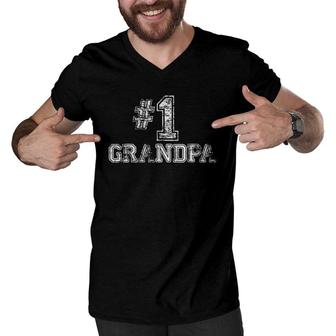 Mens 1 Grandpa Number One Father's Day Gift Tee Men V-Neck Tshirt | Mazezy