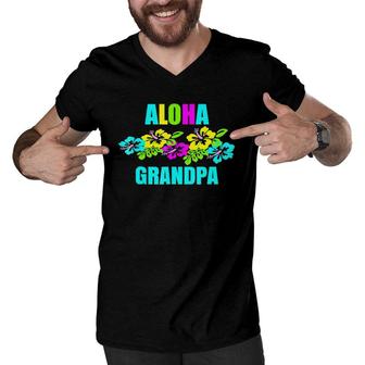 Mens Aloha Grandpa Hawaiian Luau Party Vacation Men V-Neck Tshirt | Mazezy