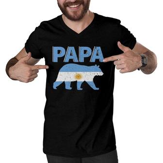 Mens Argentina Flag Papa Bear Argentinian Dad Father's Day Gift Men V-Neck Tshirt | Mazezy