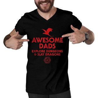 Mens Awesome Dads Explore Dungeons And Slay Dragons, Dad Gift Men V-Neck Tshirt | Mazezy UK