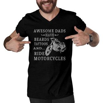 Mens Awesome Dads Have Tattoo Beards Ride Motorcycles Father's Day Men V-Neck Tshirt | Mazezy