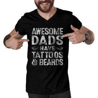 Mens Awesome Dads Have Tattoos & Beards Bearded Dad Father's Day Men V-Neck Tshirt | Mazezy UK