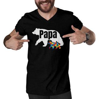 Mens Bear With Cub Cool Autism Awareness Papa Dad Men V-Neck Tshirt | Mazezy