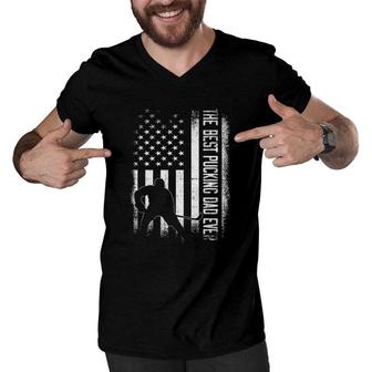 Mens Best Pucking Dad Ever Vintage Usa Flag Hockey Father's Day Men V-Neck Tshirt | Mazezy