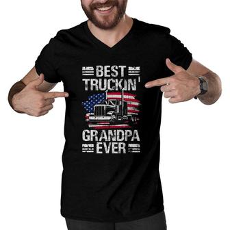 Mens Best Truckin Grandpa Ever Usa Flag Semi Truck Driver Gift Men V-Neck Tshirt | Mazezy