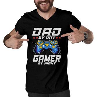 Mens Dad By Day Gamer By Night Video Games Player Daddy Men V-Neck Tshirt | Mazezy
