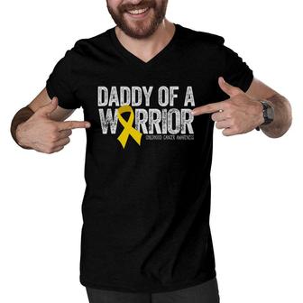 Mens Daddy Of A Warrior Childhood Cancer Dad Ribbon Men V-Neck Tshirt | Mazezy