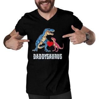 Mens Daddy Saurus Rex Daddysaurus Dad Fathers Day Gift Men V-Neck Tshirt | Mazezy