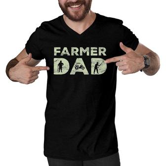 Mens Farmer Dad Farming Enthusiast Father Cute Family Farm Men V-Neck Tshirt | Mazezy