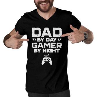 Mens Funny Father's Day Dad By Day Gamer By Night Video Game Men V-Neck Tshirt | Mazezy