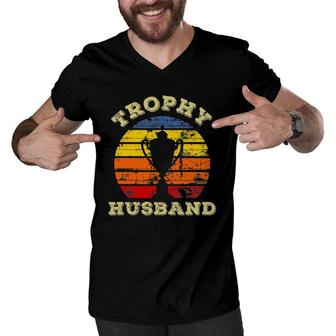 Mens Funny Husband Dad Vintage Retro Sunset Trophy Fathers Day Men V-Neck Tshirt | Mazezy