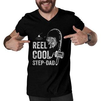 Mens Funny Reel Cool Step-Dad Fishing Father's Day Men V-Neck Tshirt | Mazezy