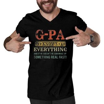 Mens G-Pa Knows Everything Funny Father's Day Vintage Men V-Neck Tshirt | Mazezy