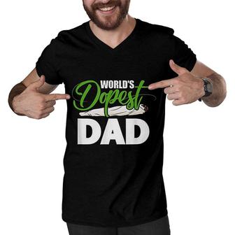 Mens Green White Worlds Dopest Dad Cannabis Marijuana Weed Funny Fathers Day Men V-Neck Tshirt - Seseable