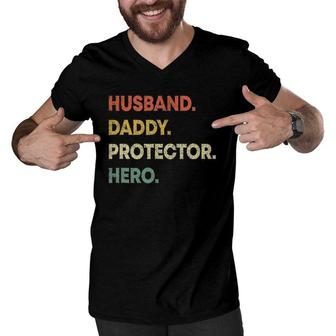 Mens Husband Daddy Protector Hero Dad Fathers Day Men V-Neck Tshirt | Mazezy