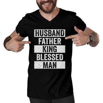 Mens Husband Father King Blessed Man Dope Dad Black History Men V-Neck Tshirt | Mazezy