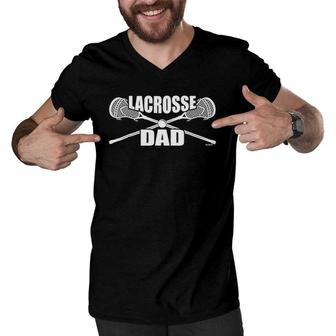 Mens Lacrosse Dad Lax Sticks Men V-Neck Tshirt | Mazezy