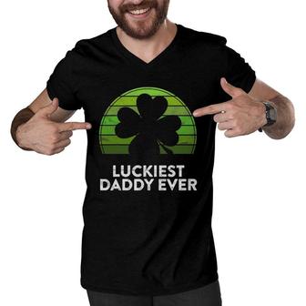 Mens Luckiest Daddy Ever Shamrock Sunset St Patrick's Day Dad Men V-Neck Tshirt | Mazezy