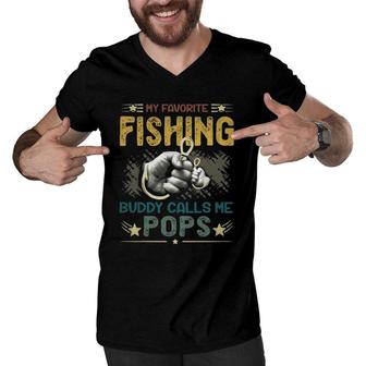 Mens Mens My Favorite Fishing Buddy Calls Me Pops Fathers Day Men V-Neck Tshirt | Mazezy