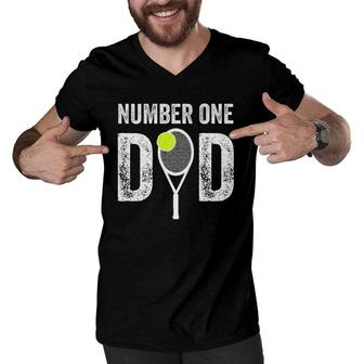 Mens Number One Daddy Funny Gift From Son Daughter 1 Tennis Dad Men V-Neck Tshirt | Mazezy