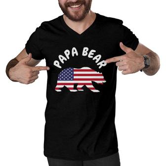 Mens Papa Bear Father's Day Usa American Flag 4Th Of July Men V-Neck Tshirt | Mazezy