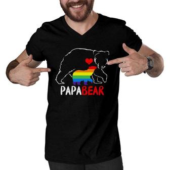 Mens Papa Bear Proud Dad Daddy Rainbow Flag Lgbt Pride Father Day Men V-Neck Tshirt | Mazezy