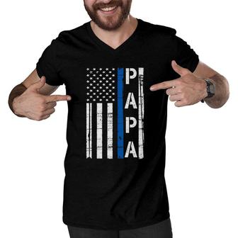 Mens Papa Thin Blue Line American Flag Police Dad Gift Men V-Neck Tshirt | Mazezy
